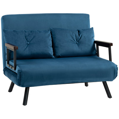 HOMCOM 4-in-1 Velvet-Feel Double Sofa Bed, with Pillows - Blue 