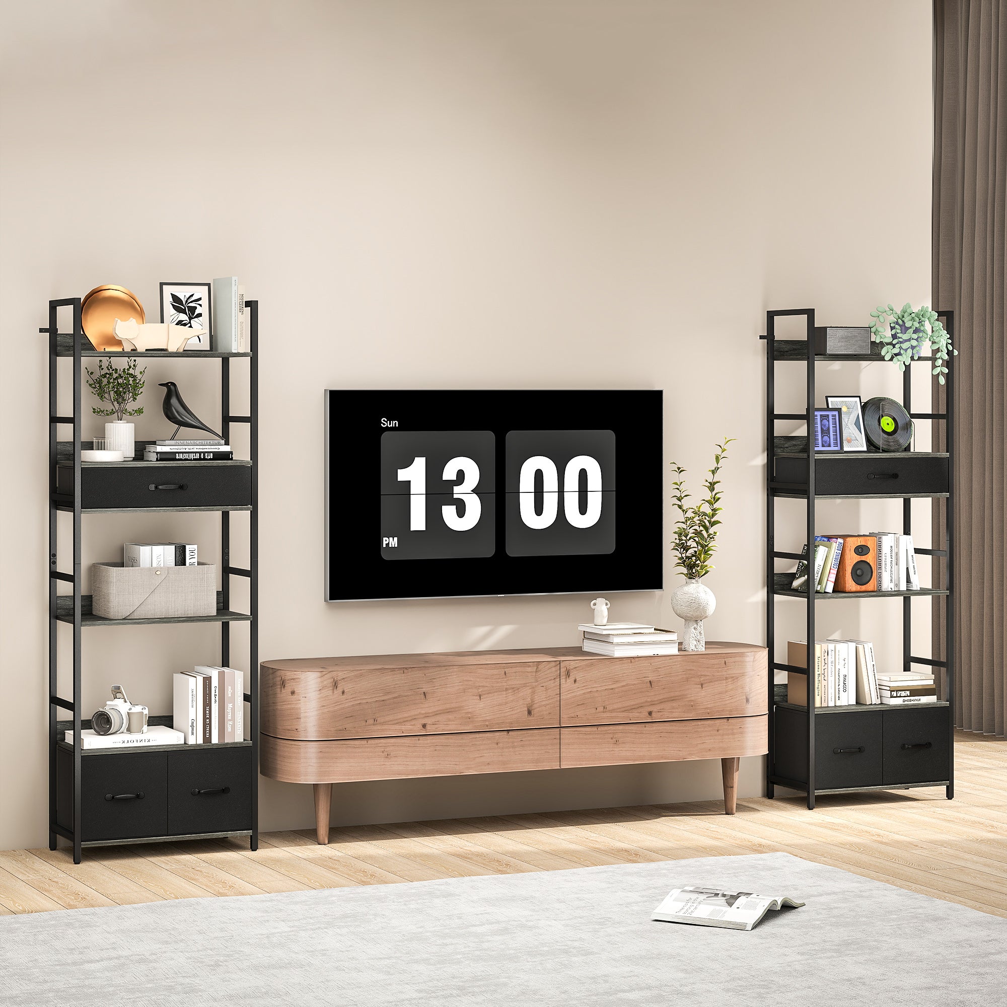 HOMCOM Industrial Style Bookcase, with 4 Shelves and 3 Fabric Drawers - Grey/Black 