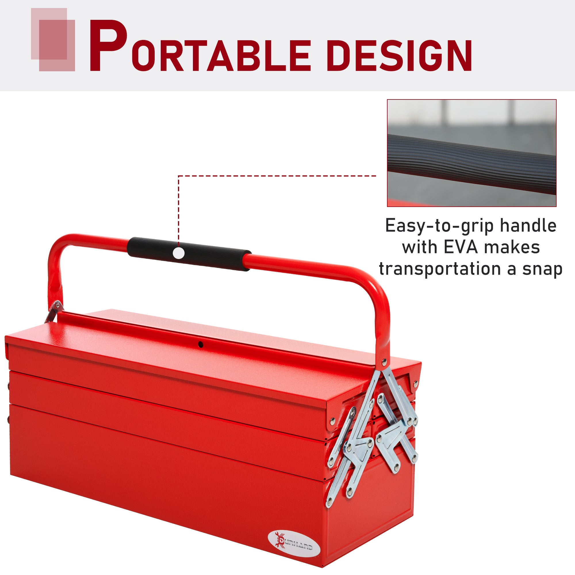 DURHAND Metal Tool Box 3 Tier 5 Tray Professional Portable Storage Cabinet Workshop Cantilever Toolbox with Carry Handle, 56cmx20cmx34cm, Red 