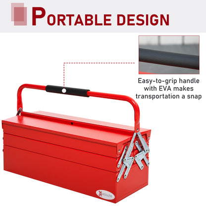 DURHAND Metal Tool Box 3 Tier 5 Tray Professional Portable Storage Cabinet Workshop Cantilever Toolbox with Carry Handle, 56cmx20cmx34cm, Red 