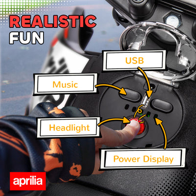 AIYAPLAY 12V Aprilia Licenced Kids Motorbike with Training Wheels, Spring Suspension, LED Light, USB, Music, Red 