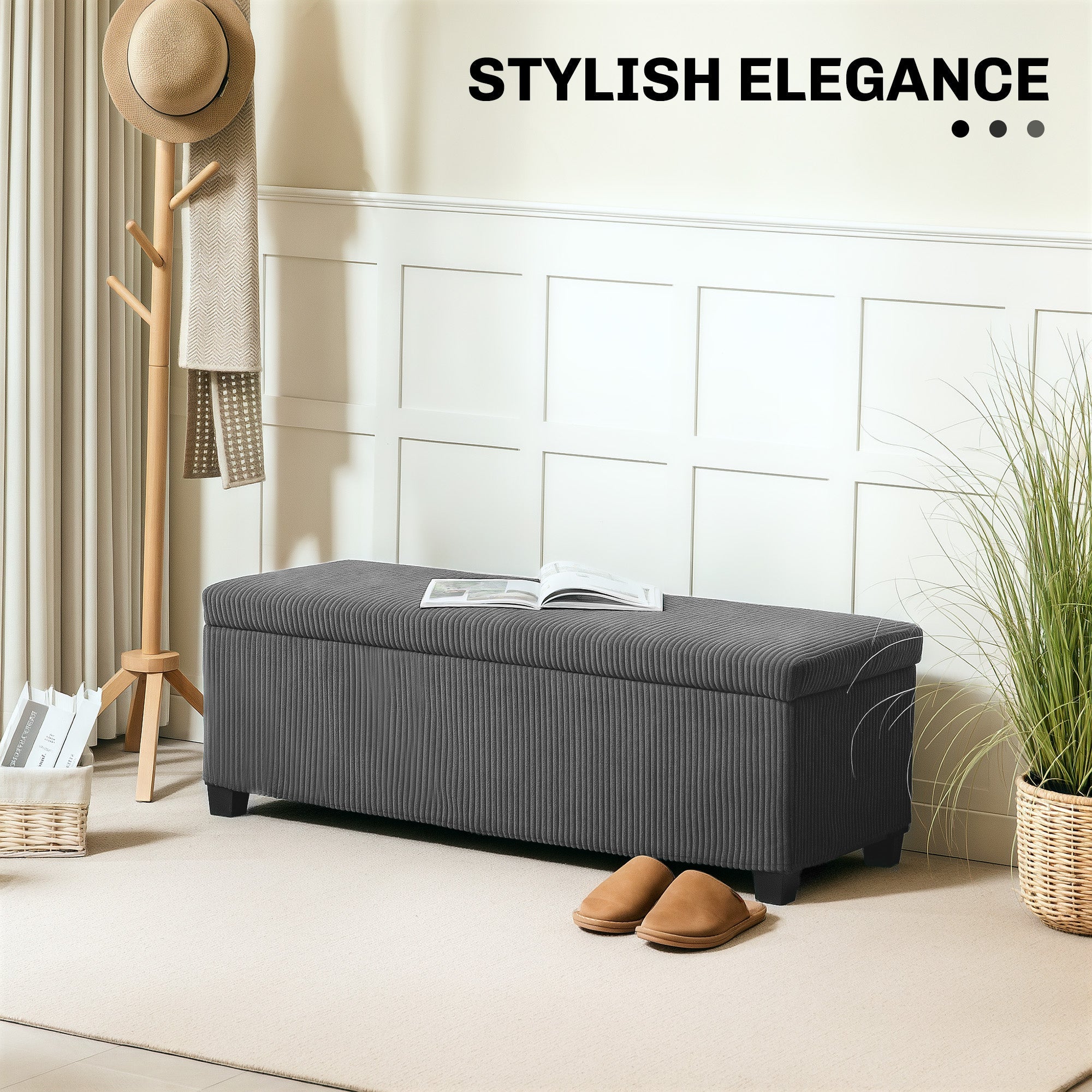 HOMCOM Storage Ottoman Bench, Corduroy Footstool with Removable Lid and Legs, 112cm Storage Chest Box for Living Room, Bedroom, Hallway, Grey 