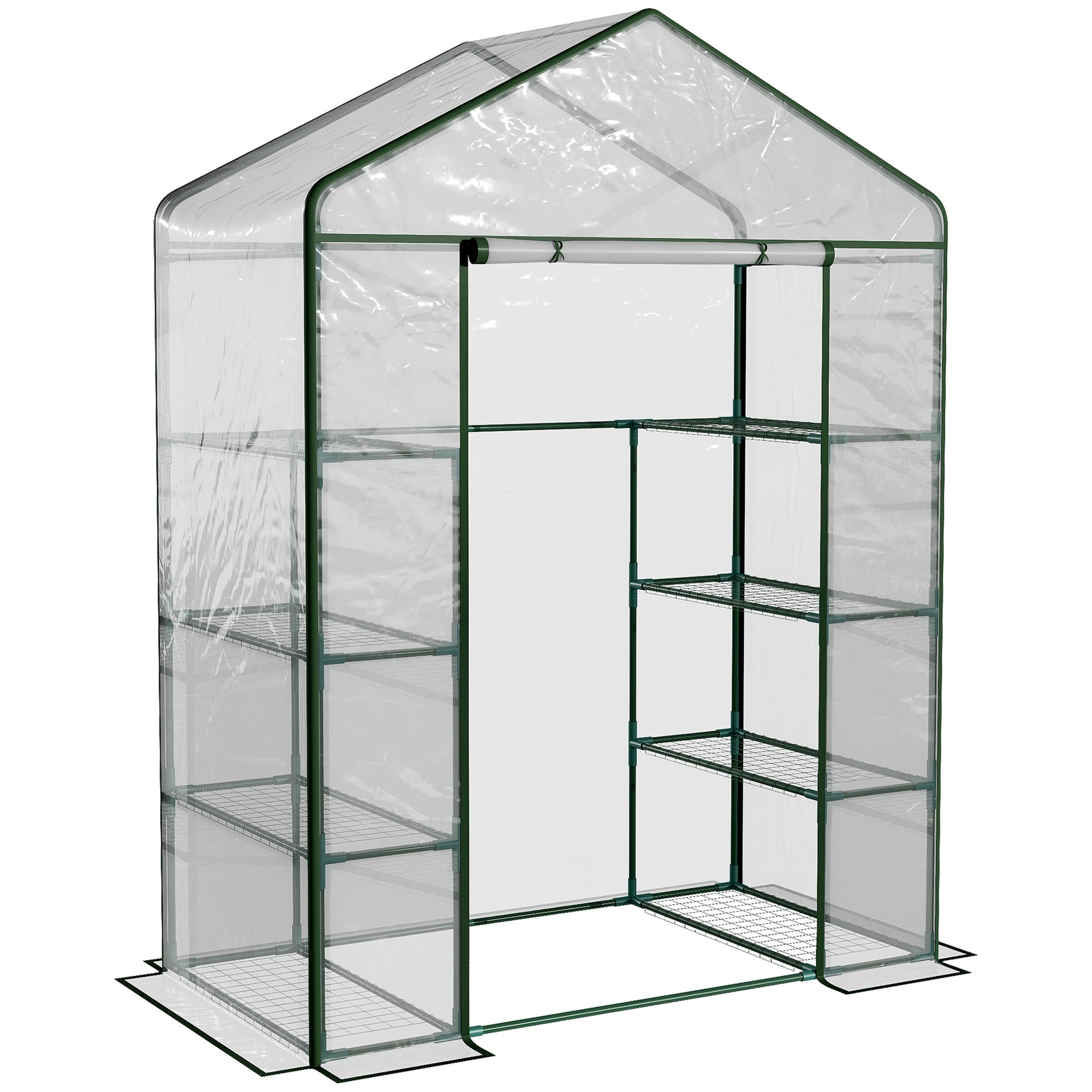 Outsunny Walk in Greenhouse with 4-Tier 8 Shelves, Green House with Hemmed Cover, Roll-up Zipped Door, Steel Frame, 143 x 73 x 195cm 