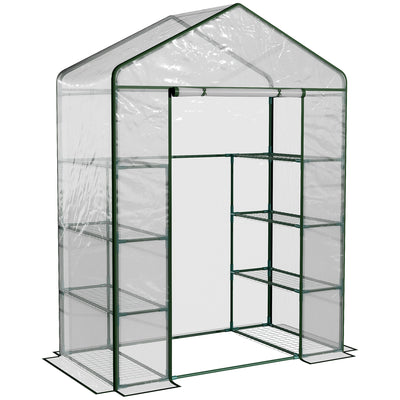 Outsunny Walk in Greenhouse with 4-Tier 8 Shelves, Green House with Hemmed Cover, Roll-up Zipped Door, Steel Frame, 143 x 73 x 195cm 