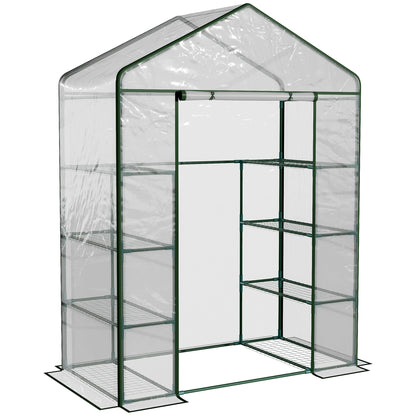 Outsunny Walk in Greenhouse with 4-Tier 8 Shelves, Green House with Hemmed Cover, Roll-up Zipped Door, Steel Frame, 143 x 73 x 195cm 