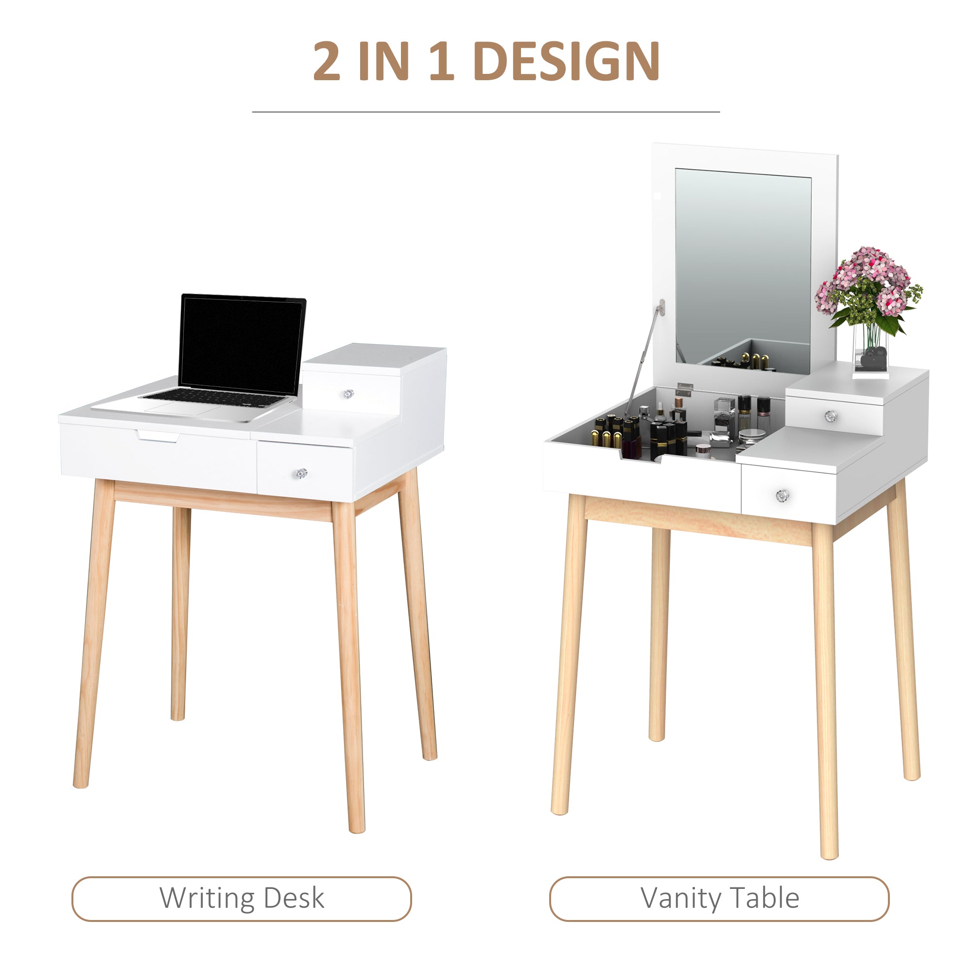HOMCOM Dressing Table with Flip-up Mirror, Makeup Desk with 2 Drawers, Vanity Table Writing Desk for Bedroom Living Room, White 