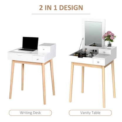 HOMCOM Dressing Table with Flip-up Mirror, Makeup Desk with 2 Drawers, Vanity Table Writing Desk for Bedroom Living Room, White 