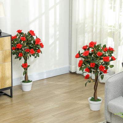 Outsunny Set of 2 Artificial Plants White Rose Floral in Pot, Fake Plants for Home Indoor Outdoor Decor, 90cm, Red 