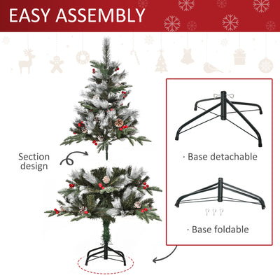 HOMCOM 4FT Artificial Snow Dipped Christmas Tree Xmas Pencil Tree Holiday Home Party Decoration with Foldable Feet Red Berries White Pinecones, Green 