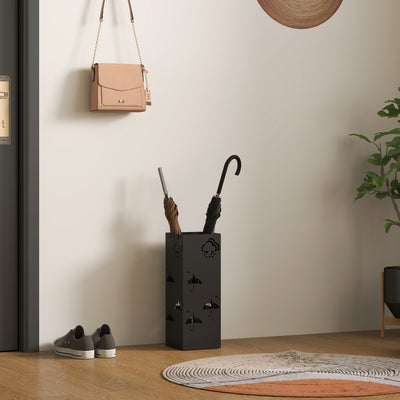 HOMCOM Metal Umbrella Stand, Square Umbrella Holder with Removable Drip Tray and 4 Hooks, Decorative Umbrella Storage Rack for Hallway, Entryway, 15.5 x 15.5 x 41 cm, Black 