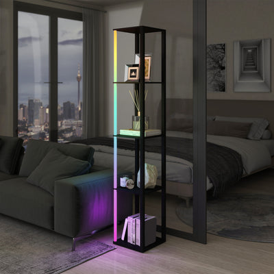 HOMCOM RGB LED Floor Lamp with Shelves, Modern Dimmable Standing Lamp with Remote Control, Adjustable Brightness & Speed for Living Room, Bedroom, Office, Black 