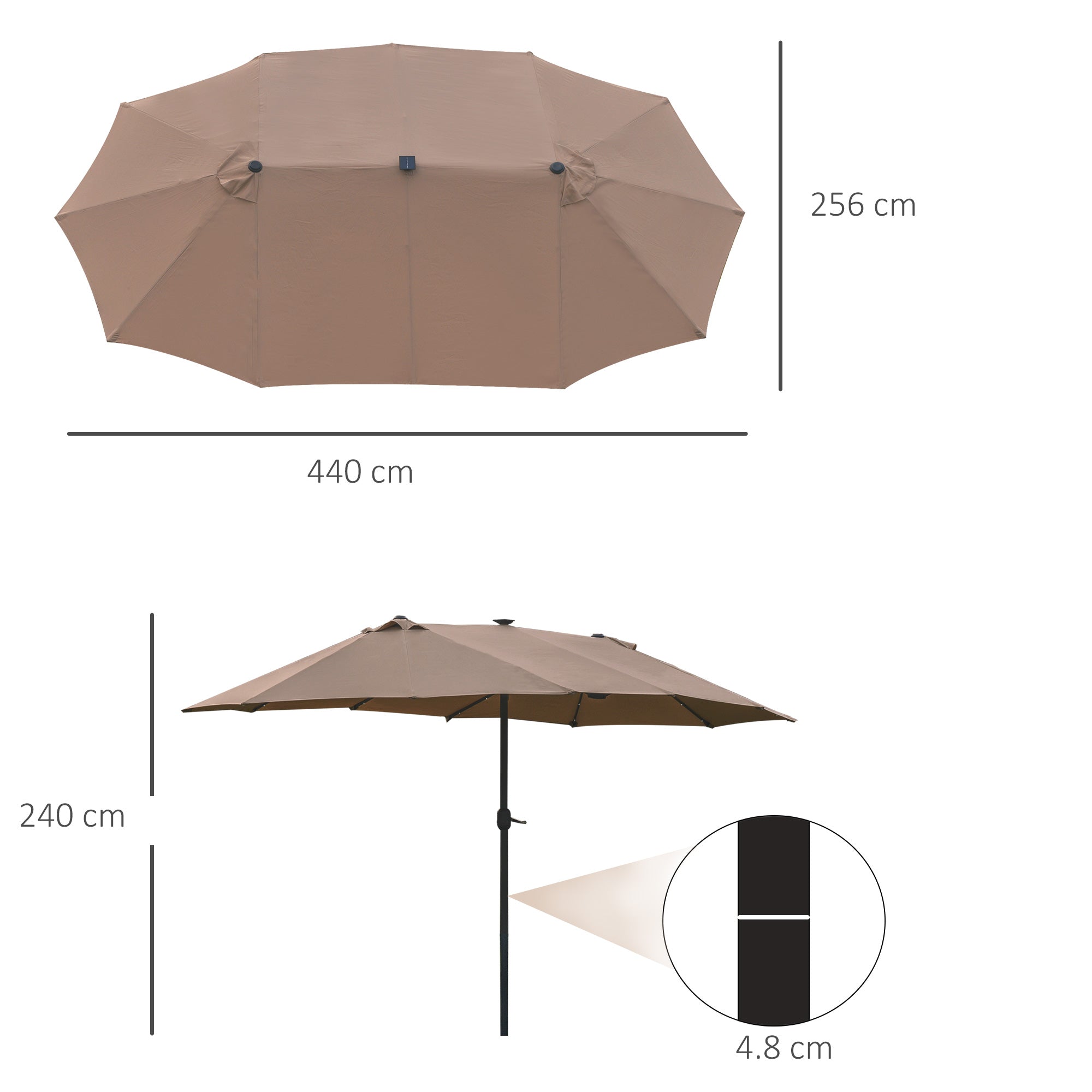 Outsunny Garden Parasol 4.4m Double-Sided Sun Umbrella Patio Parasol LED Solar Lights Khaki 