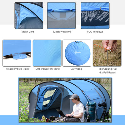 Outsunny 4-5 Person Pop-up Camping Tent Family Tent w/ 2 Mesh Windows & PVC Windows Portable Carry Bag for Outdoor Trip, Sky Blue 