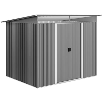 Outsunny 9ft x 6.5ft Garden Storage Shed with Top Window, Metal Outdoor Shed Tool House with Double Doors, Light Grey 