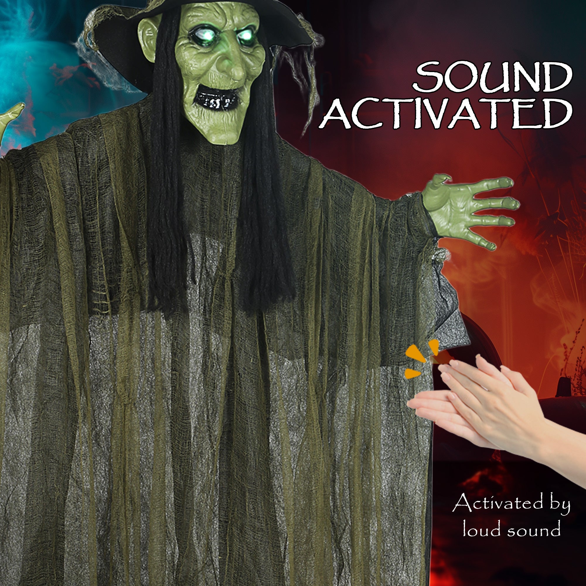 Outsunny 170 cm Life Size Hanging Halloween Animated Witch with Glowing LED Eyes, Spooky Witch Scary Halloween Decorations, Battery Operated, Indoor Party Props