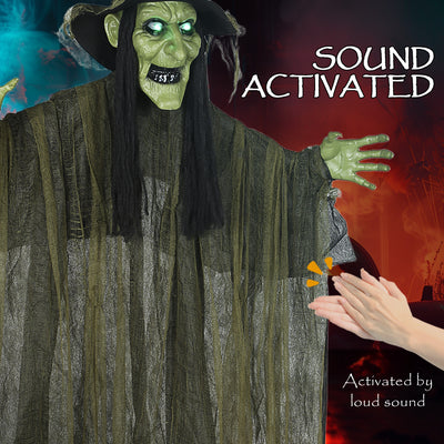 Outsunny 170 cm Life Size Hanging Halloween Animated Witch with Glowing LED Eyes, Spooky Witch Scary Halloween Decorations, Battery Operated, Indoor Party Props 