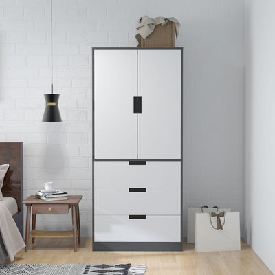 HOMCOM 2 Door Wardrobe, Modern Wardrobe with 3 Drawers and Hanging Rod for Bedroom, Grey 