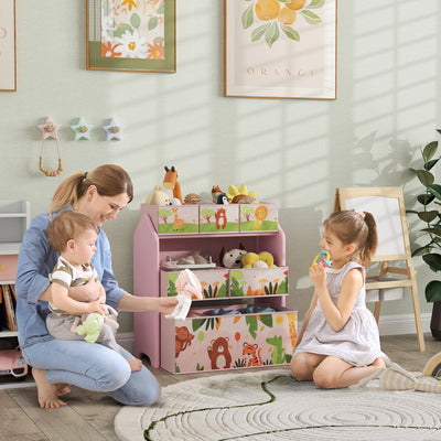 AIYAPLAY 3-Tier Kids Toy Storage Unit with 6 Removable Storage Boxes, for Playroom, Bedroom, Children's Room, Nursery, Pink 