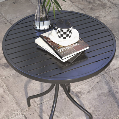 Outsunny 66cm Patio Table, Round Garden Table, Outdoor Side Table with Steel Frame and Slat Tabletop, Black 