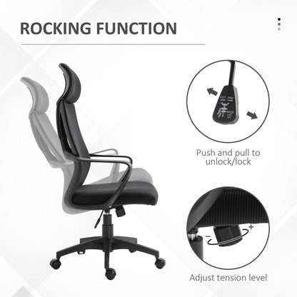 Vinsetto Ergonomic Office Chair, High Back Computer Chair, Mesh Desk Chair with Lumbar Support, Headrest, Wheel, Adjustable Height, Black 