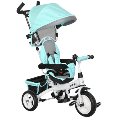 HOMCOM 6 in 1 Kids Trike Push Bike w/ Push Handle, Canopy, 5-point Safety Belt, Storage, Footrest, Brake, for 1-5 Years, Green 
