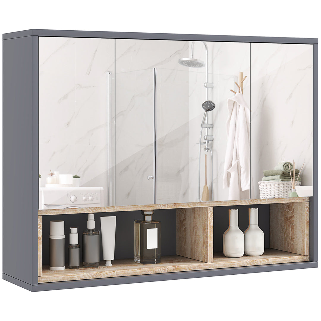 HOMCOM Bathroom Mirror Cabinet, Wall Mounted Bathroom Cabinet with Mirror, 3 Doors and Cupboards, Grey 