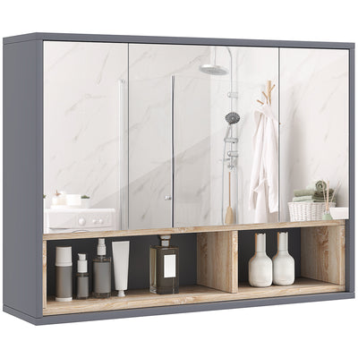 HOMCOM Bathroom Mirror Cabinet, Wall Mounted Bathroom Cabinet with Mirror, 3 Doors and Cupboards, Grey 