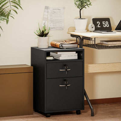 HOMCOM 60cm Filing Cabinet with Drawer, Open Shelf, Metal Handles and 4 Wheels, Office Home Organiser Mobile Printer with Two Locks, Black 