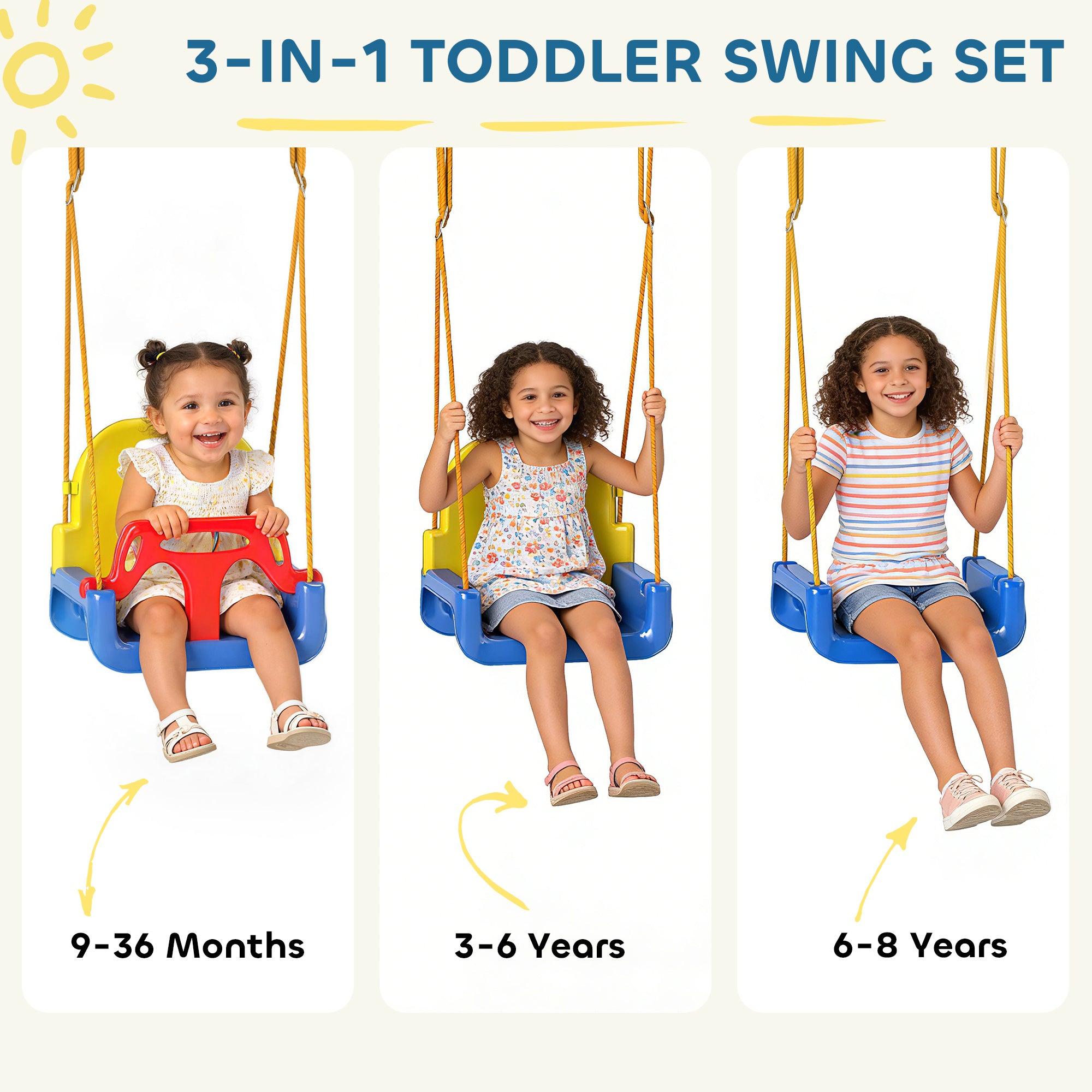 AIYAPLAY 3 in 1 Toddler Swing Set, Folding Child Swing Set with Seat Belt, Adjustable Seat for Outdoor Indoor, Blue 