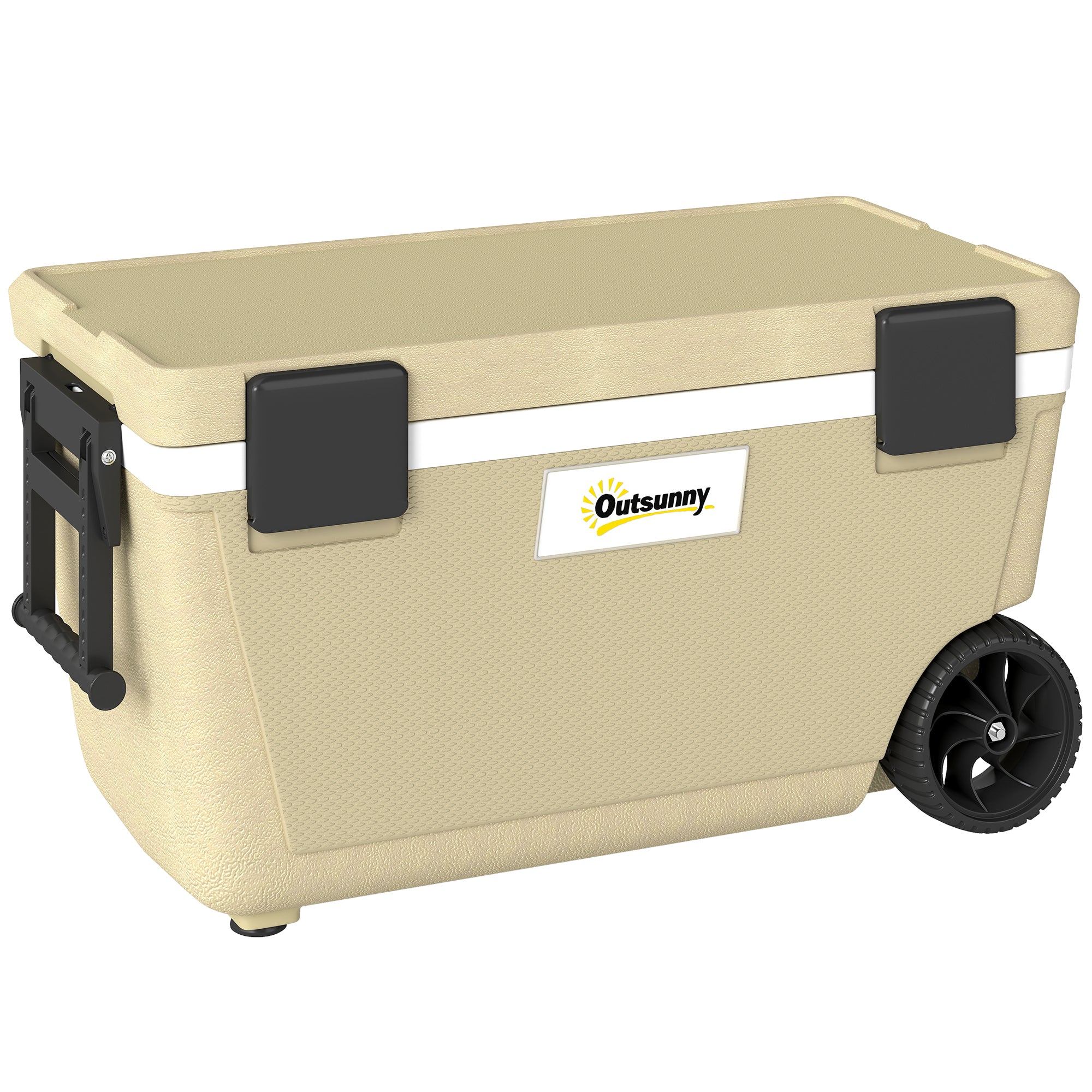 Outsunny 70L Insulated Cool Box with Wheels, Portable Ice Cooler with Handle, Lid and Drain Valve, Khaki 