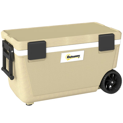 Outsunny 70L Insulated Cool Box with Wheels, Portable Ice Cooler with Handle, Lid and Drain Valve, Khaki 