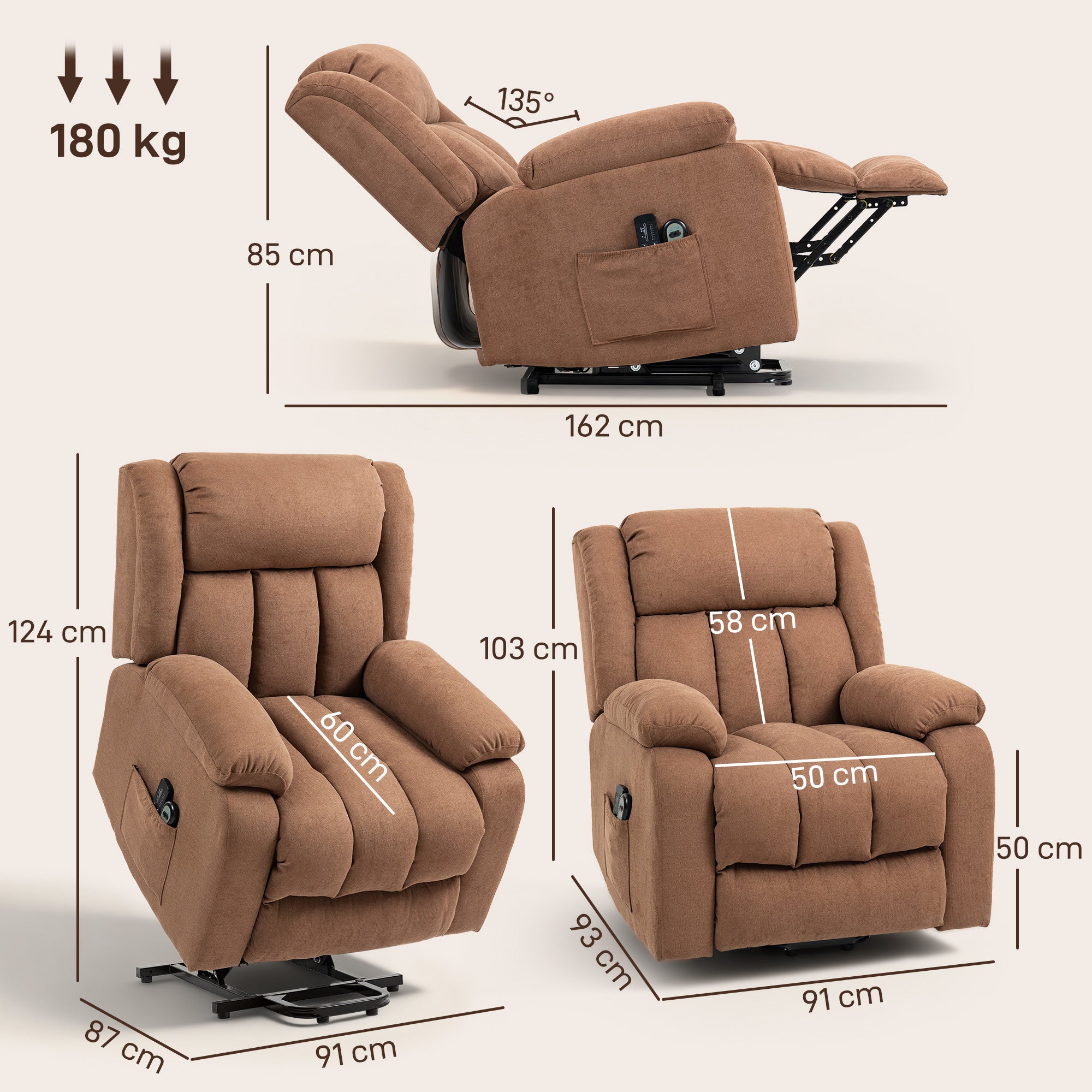 HOMCOM Power Lift Recliner Chair with Massage, Overstuffed Lift Chair for Elderly with Footrest, Remote and Side Pocket, Brown 