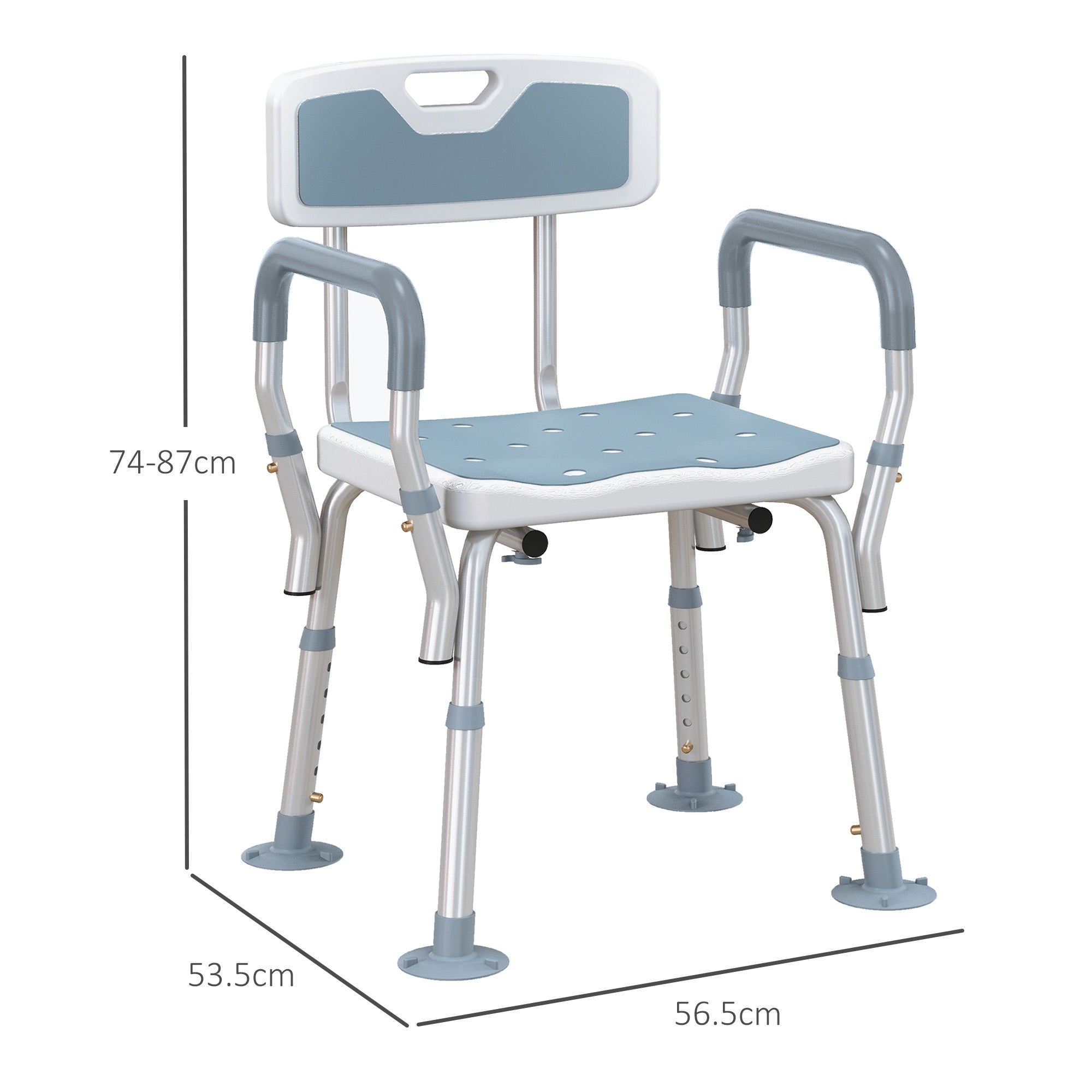 HOMCOM EVA Padded Shower Chair for the Elderly and Disabled, Height Adjustable Shower Stool with Back and Arms, 4 Suction Foot Pads, Light Blue 