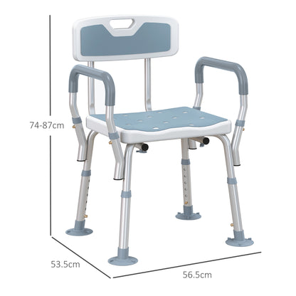HOMCOM EVA Padded Shower Chair for the Elderly and Disabled, Height Adjustable Shower Stool with Back and Arms, 4 Suction Foot Pads, Light Blue 