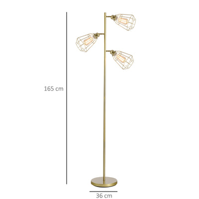 HOMCOM Retro Practical Tree Floor Lamp 3 Angle Adjustable Lampshade Steel Base for Living Room Bedroom Office Gold 165cm 
