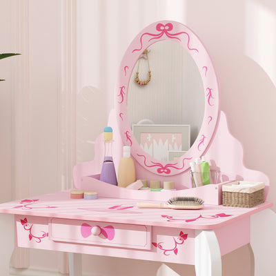 AIYAPLAY Kids Dressing Table Set, Vanity Table with Stool, Mirror, Drawer, Desktop Storage, Ballet Theme, Pink 