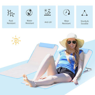 Outsunny Set of 2 Foldable Garden Beach Chair Mat, Lightweight Outdoor Sun Lounger Seats with Adjustable Back, Metal Frame, PE Fabric Head Pillow and Carry Bag, Cream White 