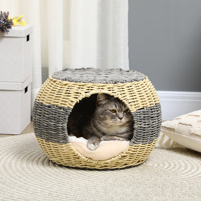 PawHut Wicker Cat House, Rattan Raised Cat Bed, Cosy Kitten Cave with Soft Washable Cushion, \'ce\'a640 x 30cm 