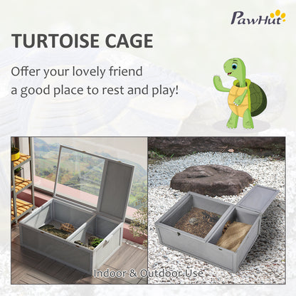 PawHut 94 cm Wooden Tortoise House Turtle Habitat Small Reptile Cage Enclosure with Two Room Grey 