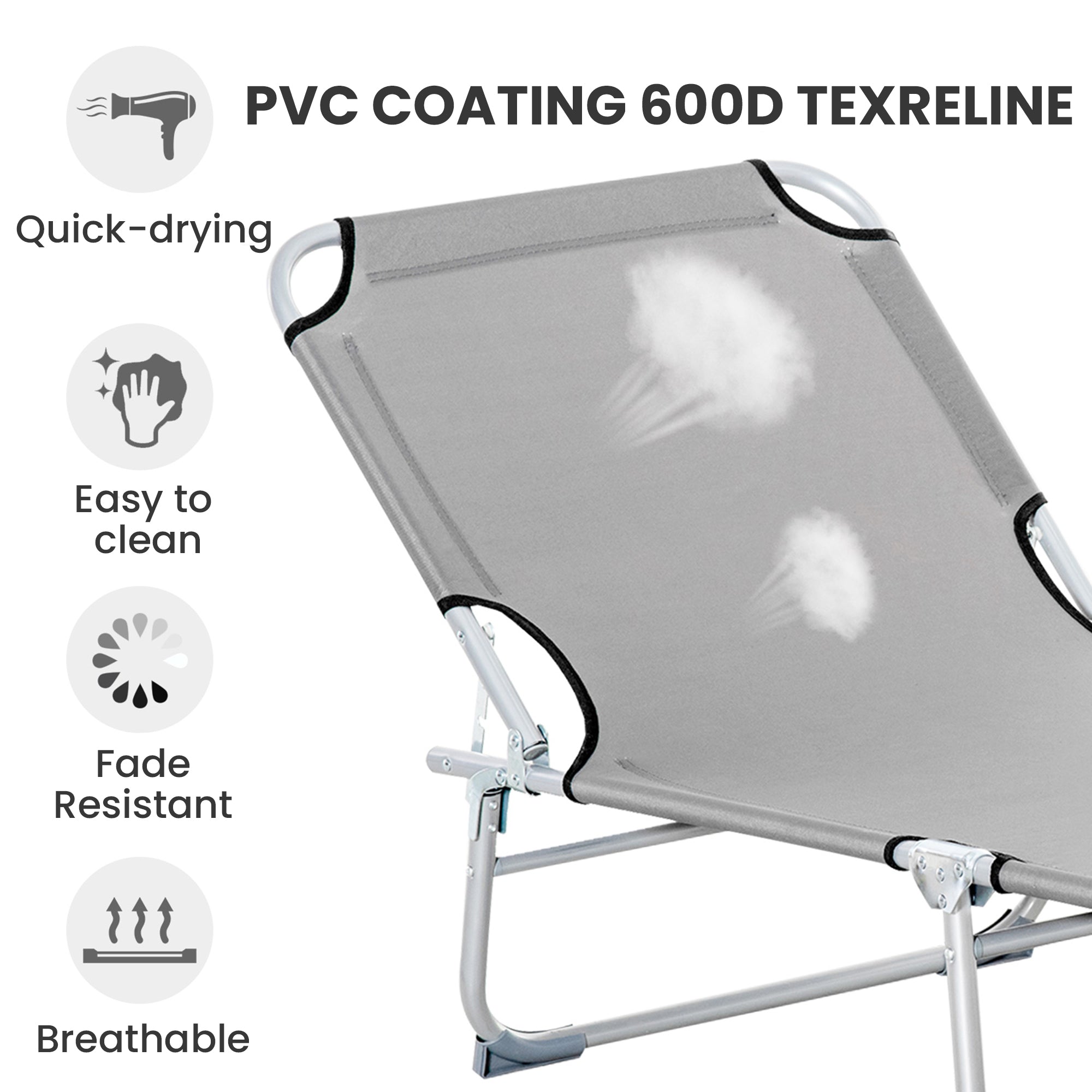 Outsunny Reclining Sun Lounger Chair Folding Camping Bed with 4-Position Adjustable Backrest, Grey 