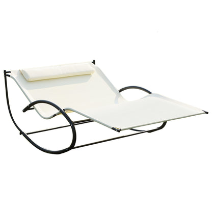 Outsunny Double Sun Lounger, Rocking Lounger Sunbed Daybed with Armrest and Headrest Pillow, for Two, For Outdoor Patio Garden, Cream White 