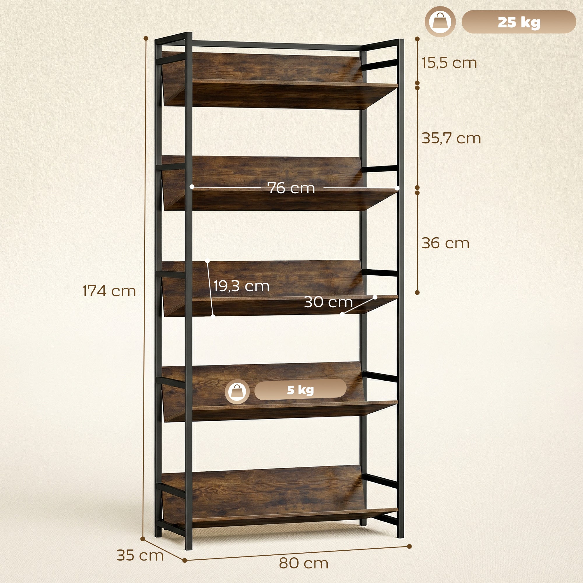 HOMCOM Bookshelf 5-Tier Metal Frame Room Divider Bookcase Storage Shelves for Living Room Rustic Brown 