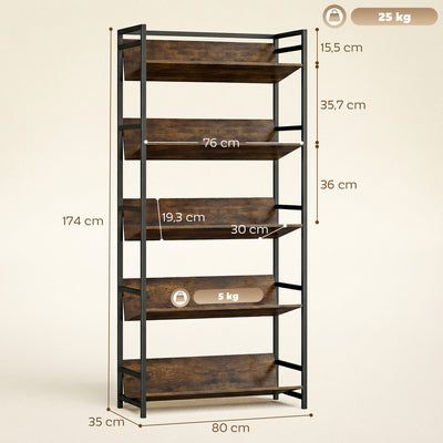 HOMCOM Bookshelf 5-Tier Metal Frame Room Divider Bookcase Storage Shelves for Living Room Rustic Brown 