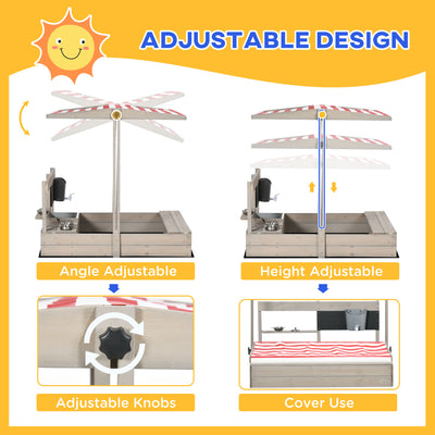 Outsunny Kids Wooden Sandbox w/ Canopy, Kitchen Toys, Seat, Storage, for 3-7 Years Old Outdoor Play 