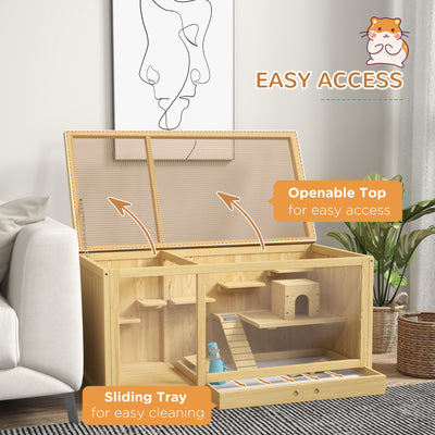 PawHut Wooden Hamster Cage with Water Bottle, Platforms, Openable Roof, Sliding Tray, Hut, Seesaws, Natural Wood Finish 