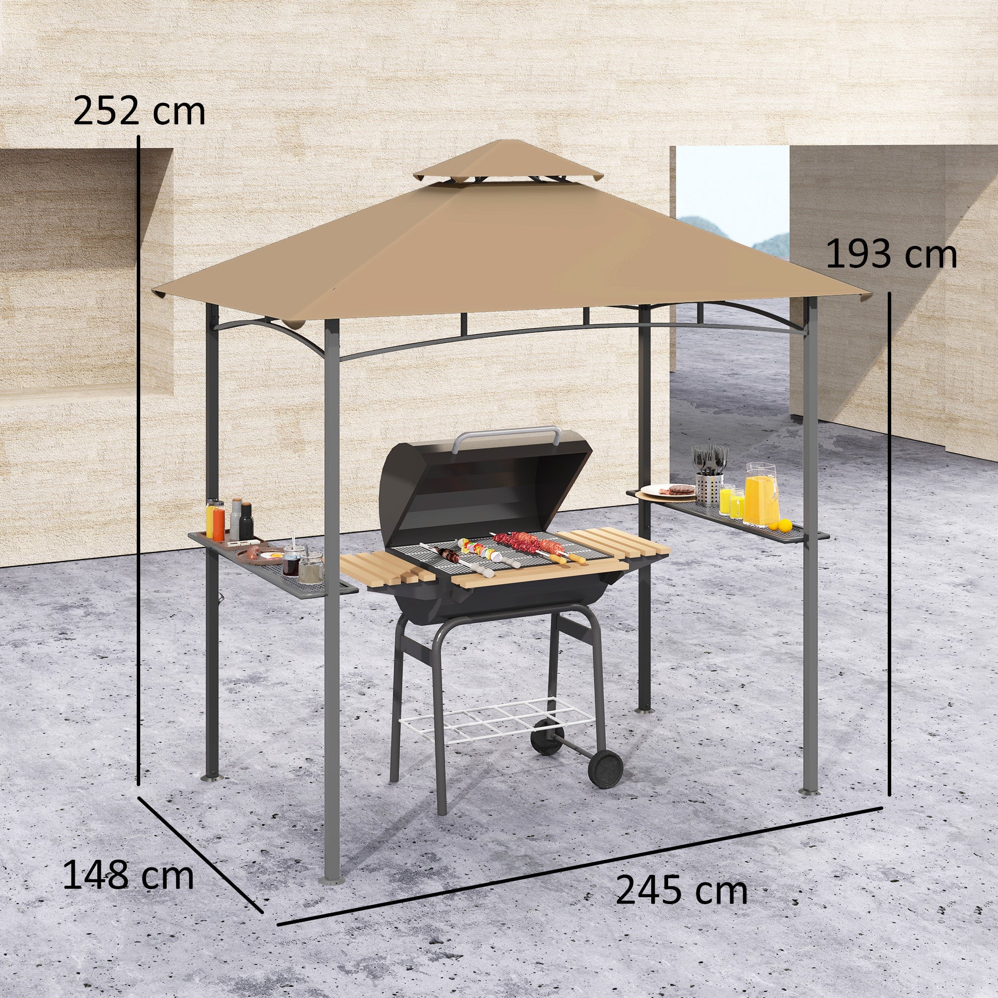 Outsunny 2.5M (8ft) New Double-Tier BBQ Gazebo Shelter Grill Canopy Barbecue Tent Shelter Patio Deck Cover - Khaki 