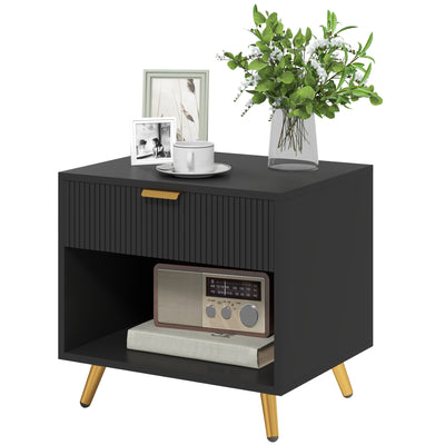 HOMCOM Elegant Bedside Table, with Drawer and Shelf - Black/Gold Tone 