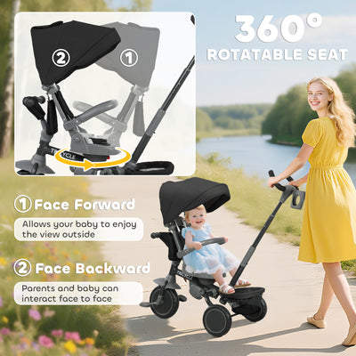 AIYAPLAY 6 in 1 Foldable Kids Trike with Adjustable Parent Handle & Canopy for Ages 1-5, Black 