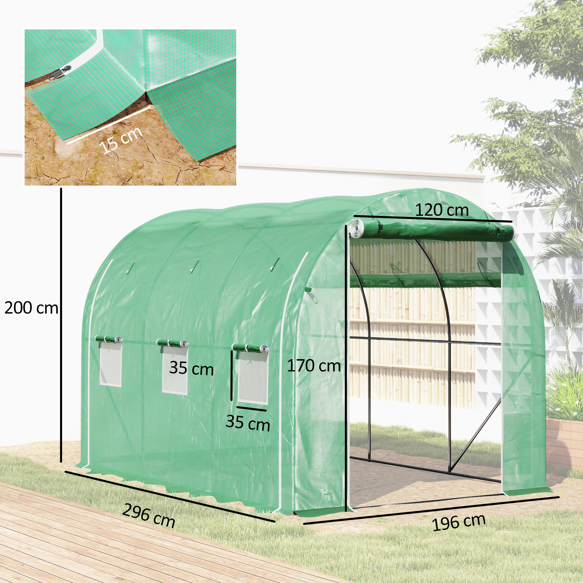 Outsunny 296 x 196cm Steel Frame Polytunnel Greenhouse - Green 