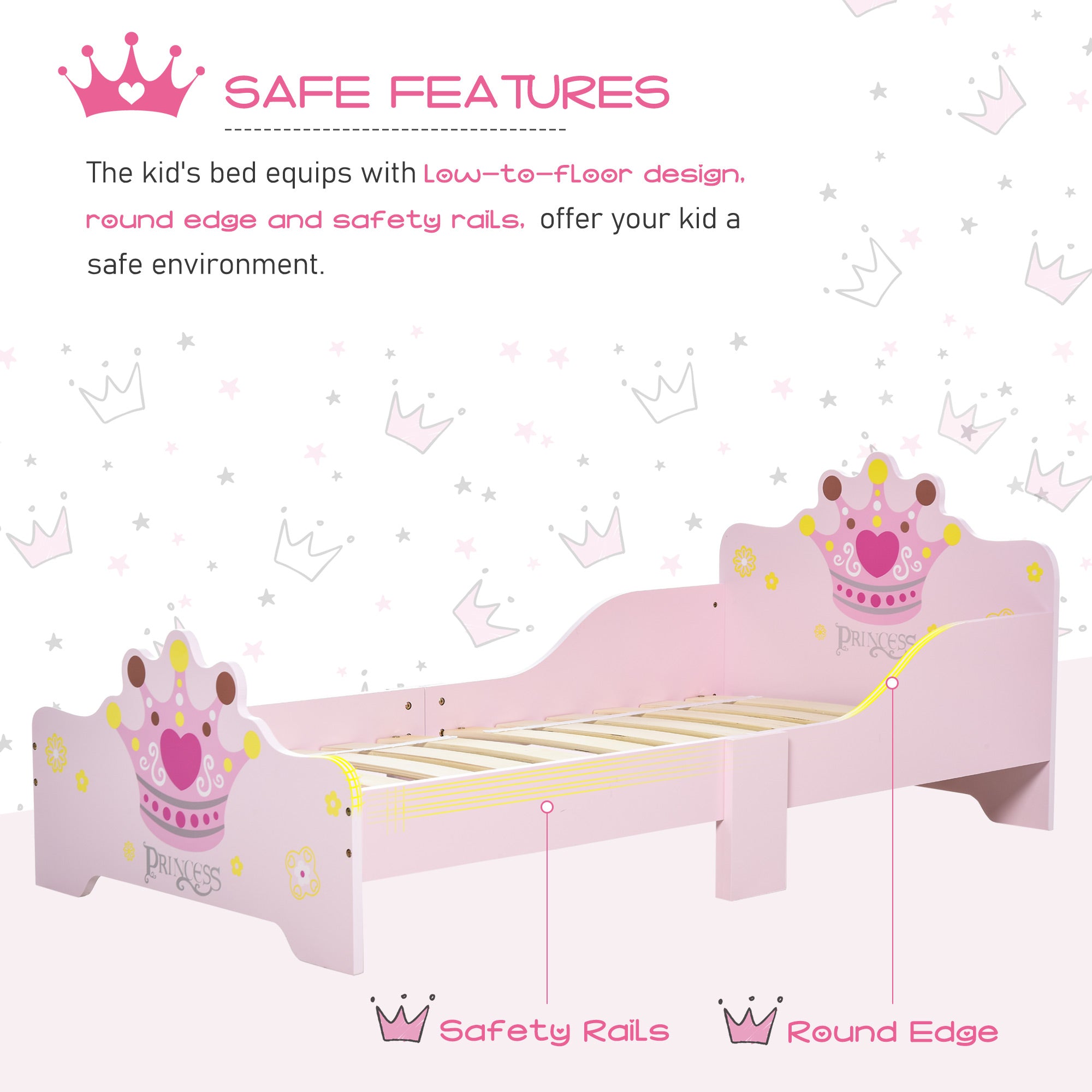 HOMCOM Kids Toddler Bed Princess Crown Theme Safety Side Rails Slats Home Bedroom Furniture Boys Girls 3-6 Yrs Pink 143 x 73 x 60 cm 